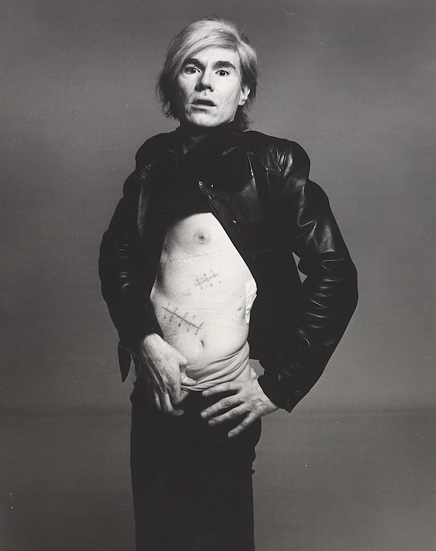 Richard Avedon (American, 1923-2004), Andy Warhol with surgery scars, black and white photograph, sheet 43 x 36cm